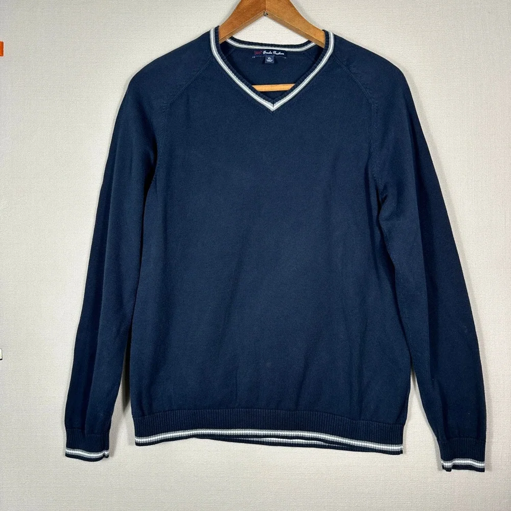 Brooks Brothers Sweater Mens XL Navy Blue V-Neck Cotton Tipped Trim Pullover